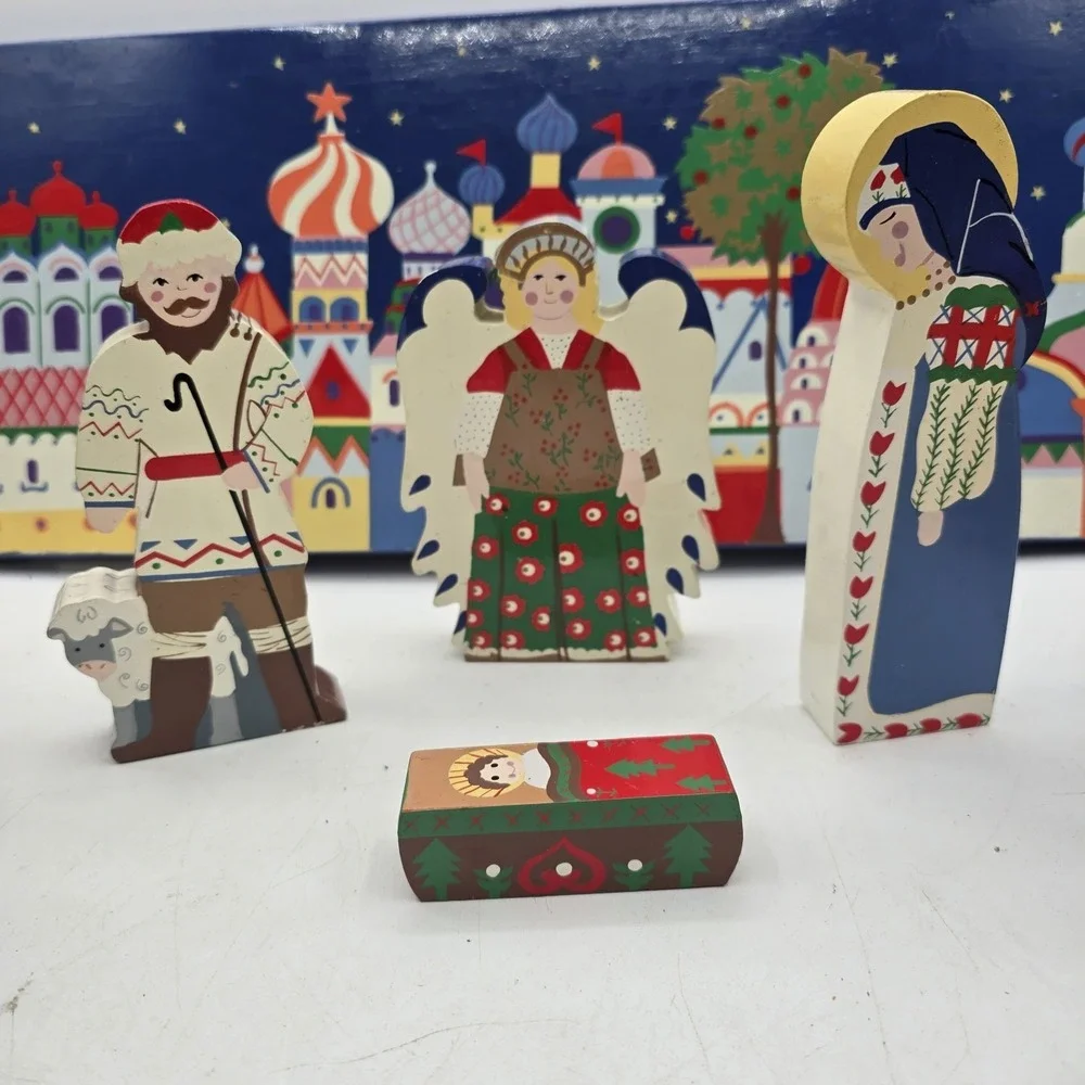 Vintage Pier 1 Christmas Carved Painted Wooden Nativity Set Of 9 Folk Art